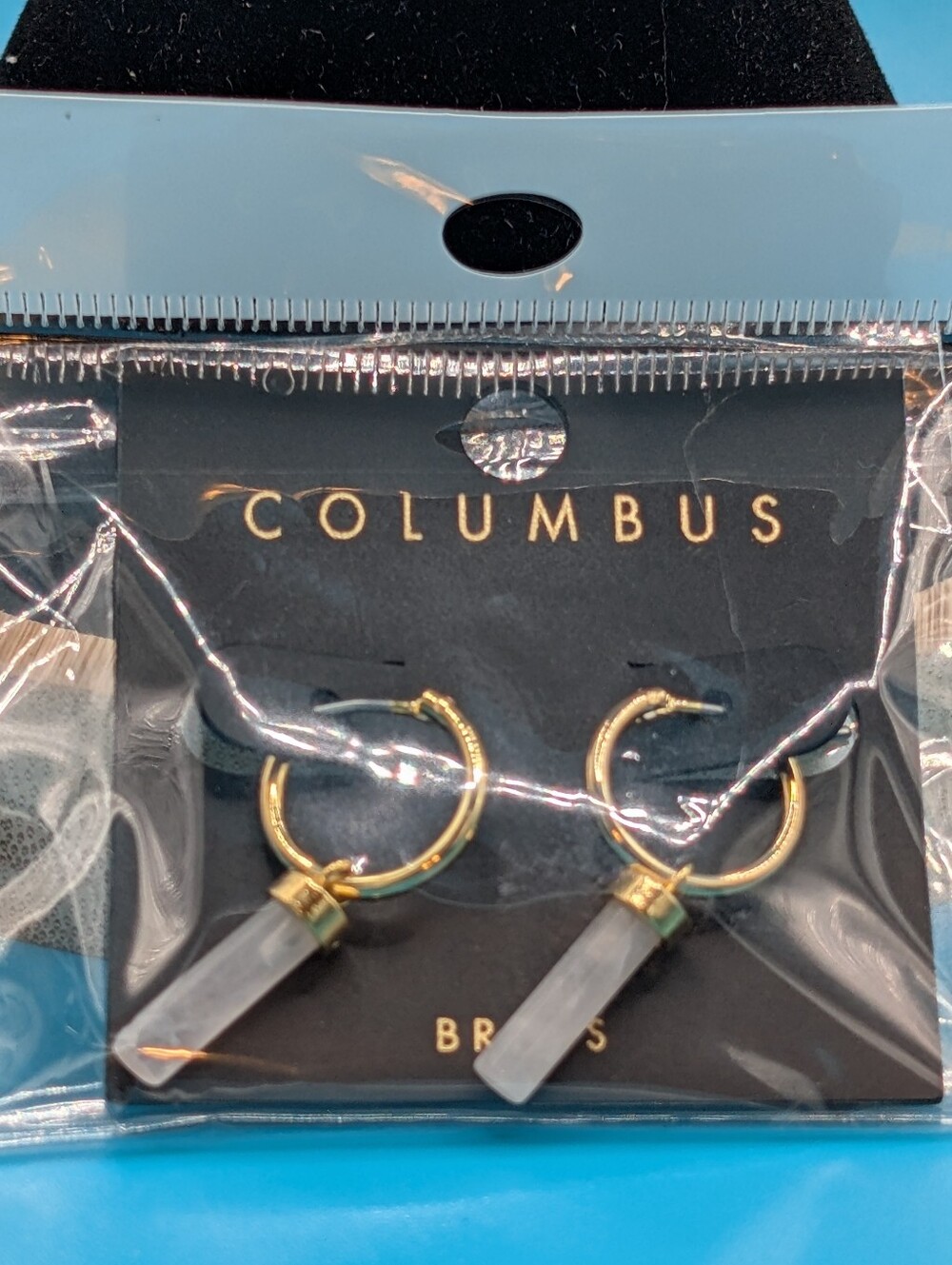 Columbus Gold Tone Hoop Earrings with Clear Pendant
